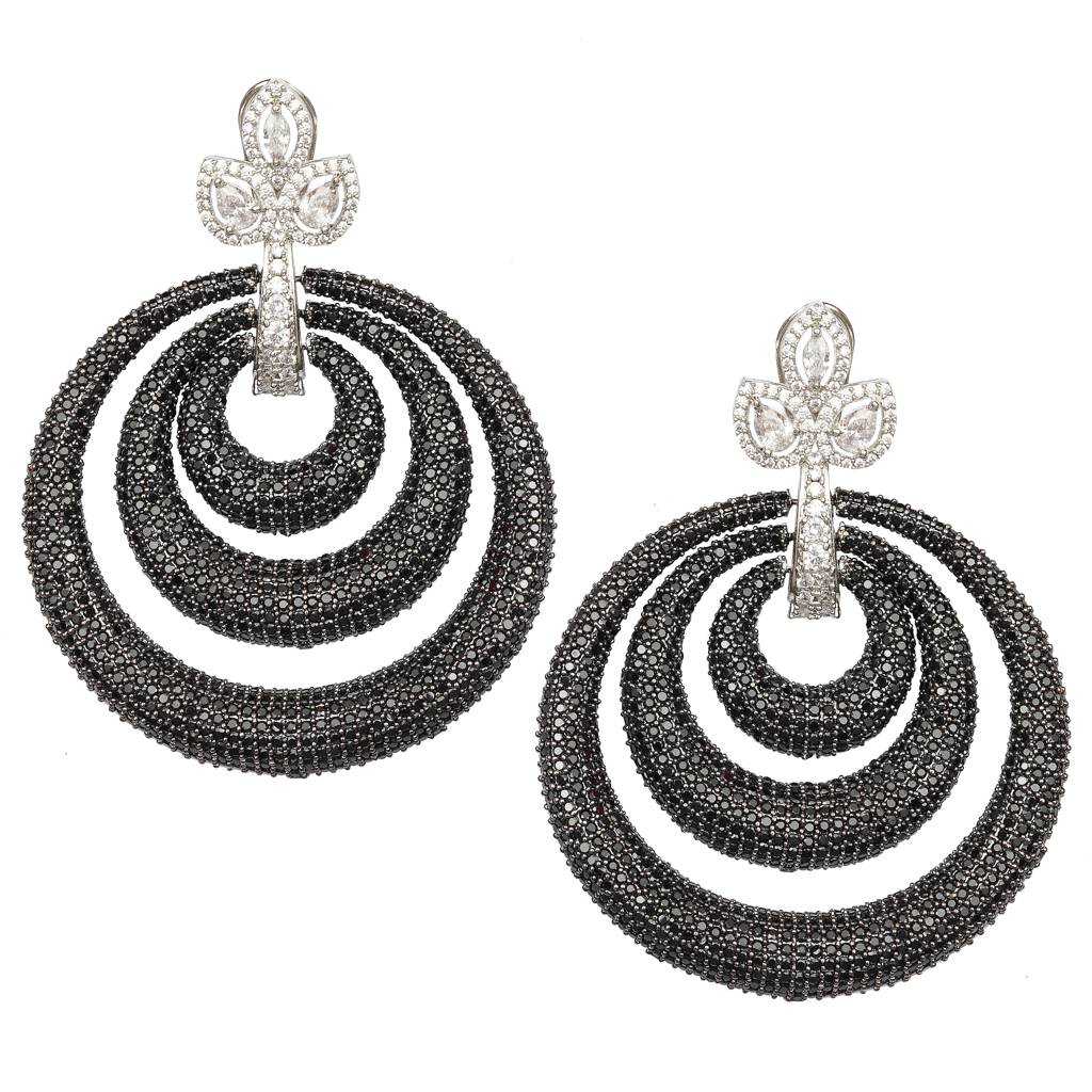 Dazzling Ebony Cubic Zirconia Danglers In Concentric Hoops With Clear Floral Design Highlight. : RI-ER-13-BLACK