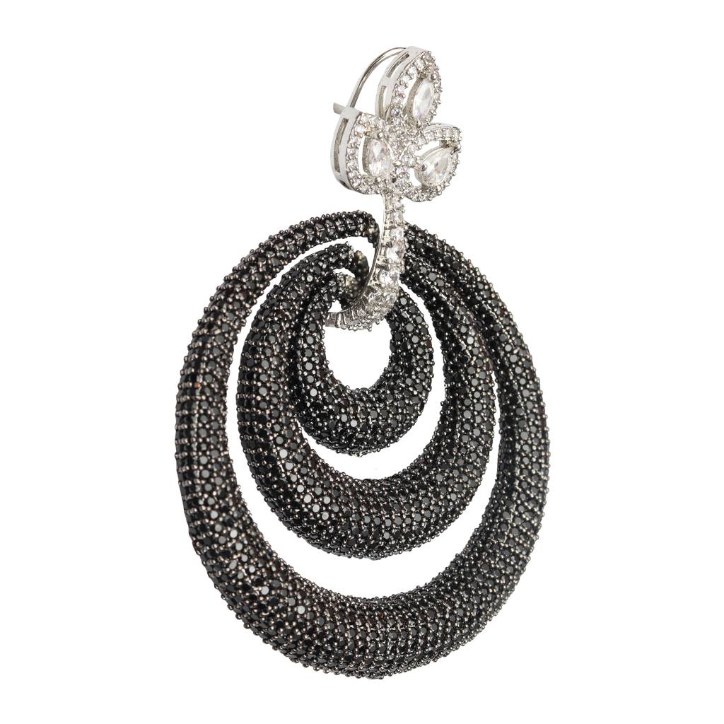 Dazzling Ebony Cubic Zirconia Danglers In Concentric Hoops With Clear Floral Design Highlight. : RI-ER-13-BLACK
