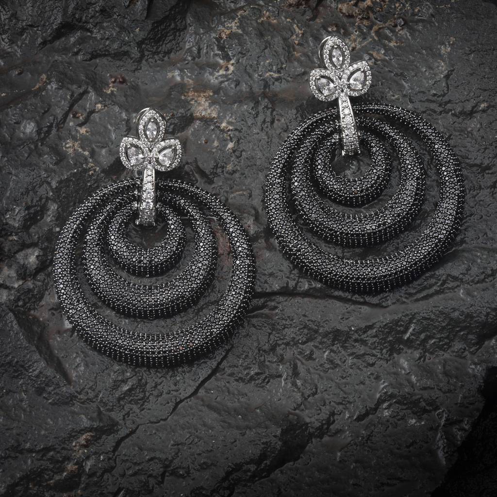 Dazzling Ebony Cubic Zirconia Danglers In Concentric Hoops With Clear Floral Design Highlight. : RI-ER-13-BLACK