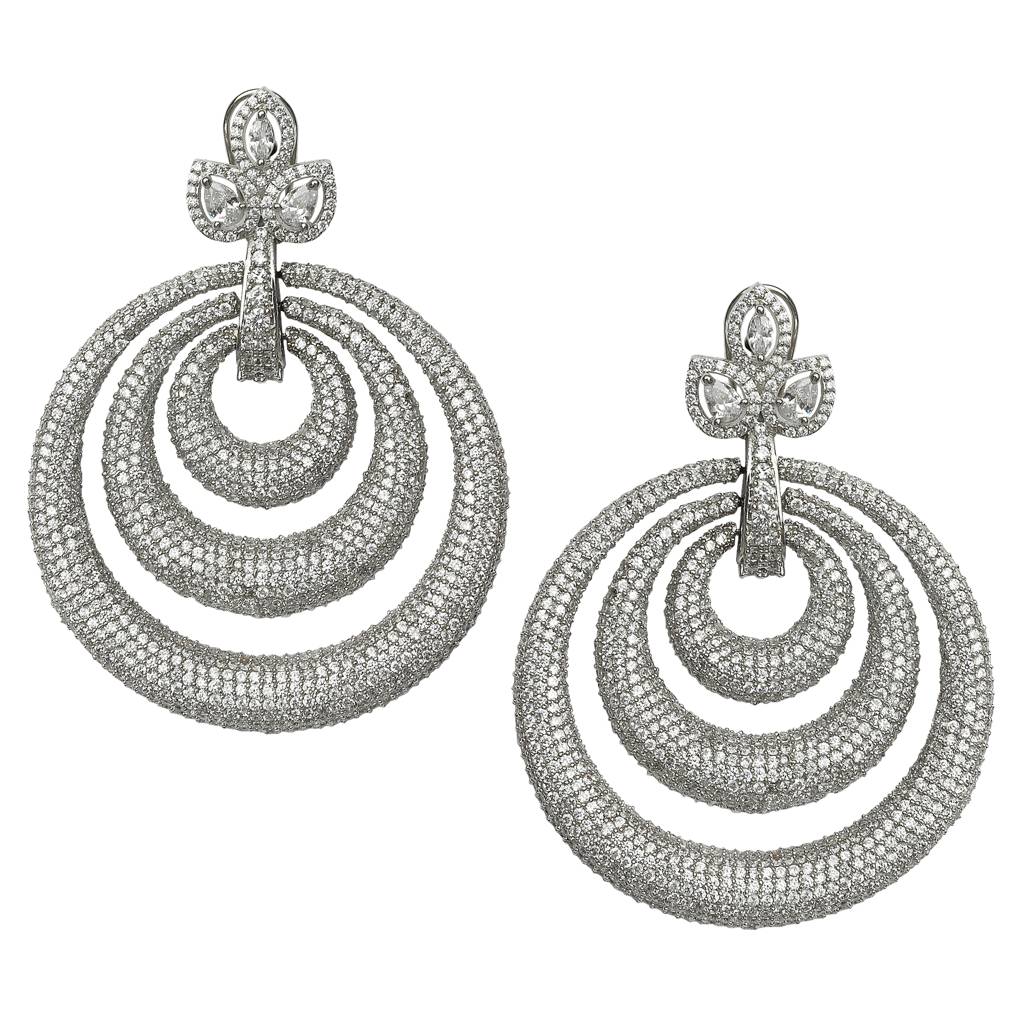 Clear Cubic Zirconia Danglers In Concentric Hoops Design : RI-ER-13-Silver
