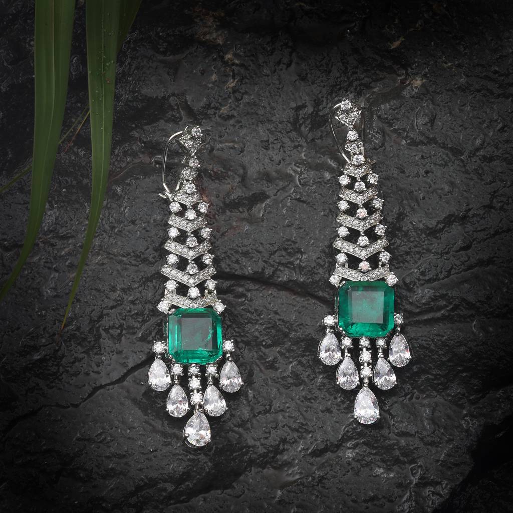 Emerald Green Doublet Danglers With Cubic Zirconia : RI-ER-29-GREEN