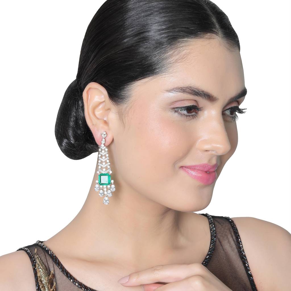 Emerald Green Doublet Danglers With Cubic Zirconia : RI-ER-29-GREEN