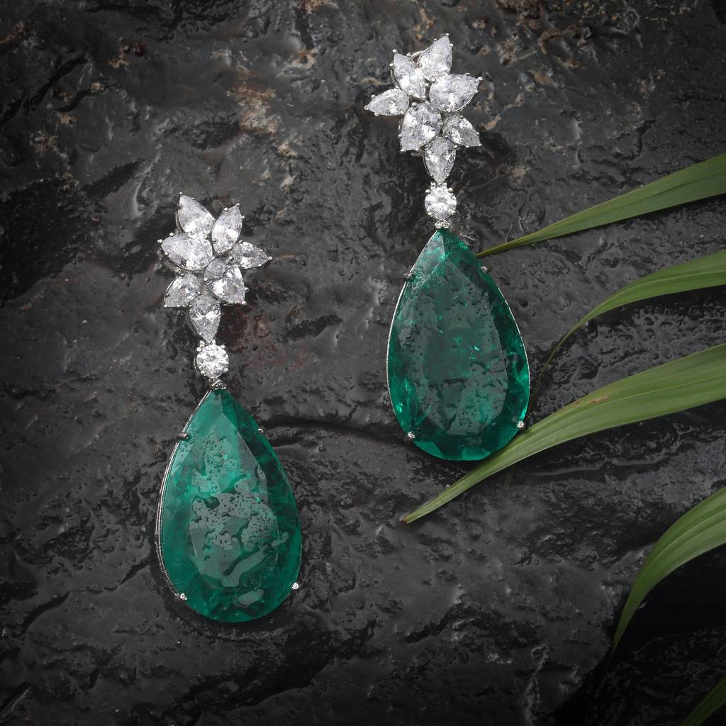 Dew Drop Shaped Emerald Doublet Danglers With Cubic Zirconia In A Floral Design : RI-ER-30-GREEN