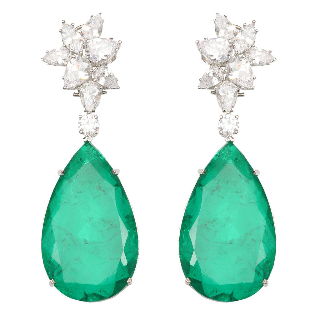 Dew Drop Shaped Emerald Doublet Danglers With Cubic Zirconia In A Floral Design : RI-ER-30-GREEN
