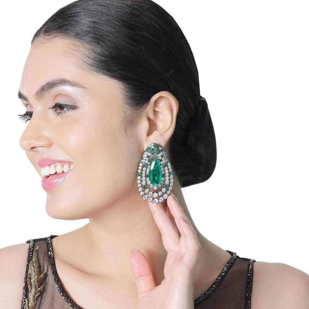 Dew Drop Shaped Emerald Doublet Danglers Encircled With Cubic Zirconia In A Concentric Shape : RI-ER-31-GREENSILVER