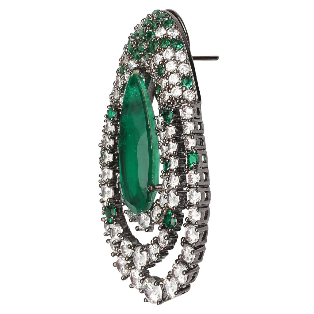 Dew Drop Shaped Emerald Doublet Danglers Encircled With Cubic Zirconia In A Concentric Shape : RI-ER-31-GREENSILVER
