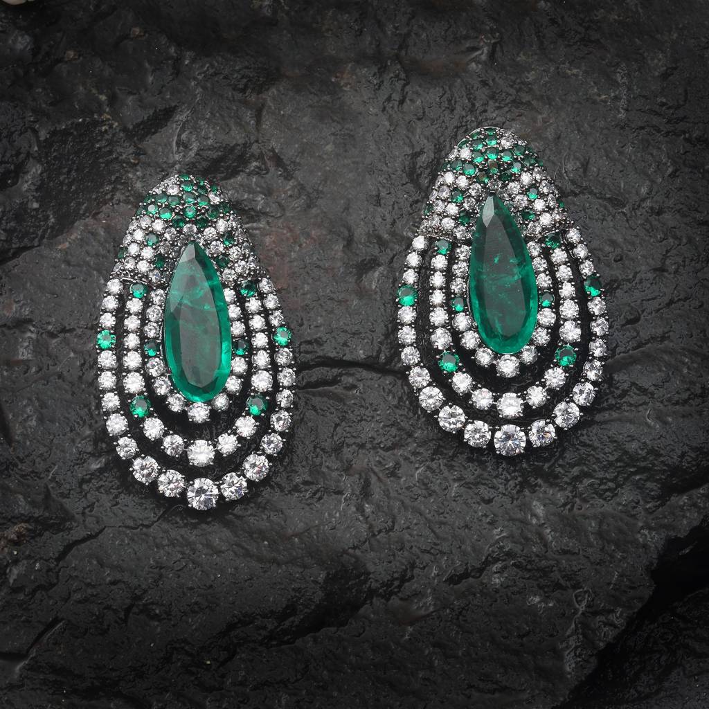 Dew Drop Shaped Emerald Doublet Danglers Encircled With Cubic Zirconia In A Concentric Shape : RI-ER-31-GREENSILVER