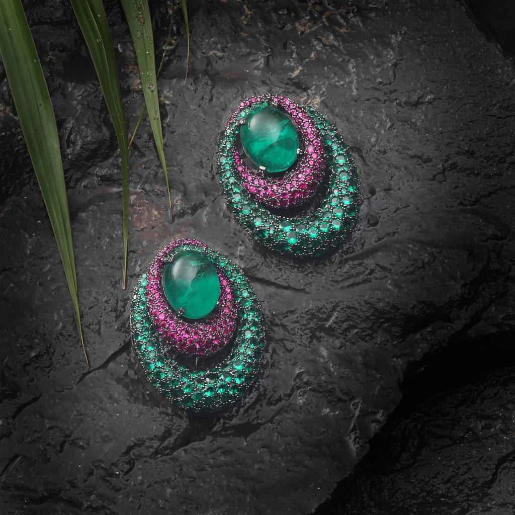Emerald Green Doublet Earrings With Pink And Green Cubic Zirconia : RI-ER-33-GREEN