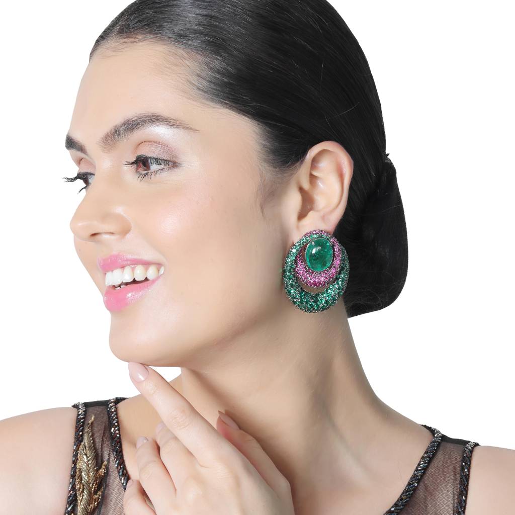 Emerald Green Doublet Earrings With Pink And Green Cubic Zirconia : RI-ER-33-GREEN