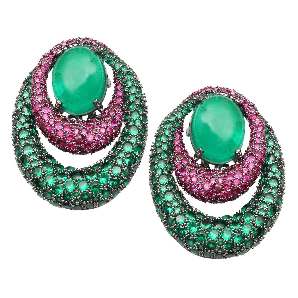 Emerald Green Doublet Earrings With Pink And Green Cubic Zirconia : RI-ER-33-GREEN