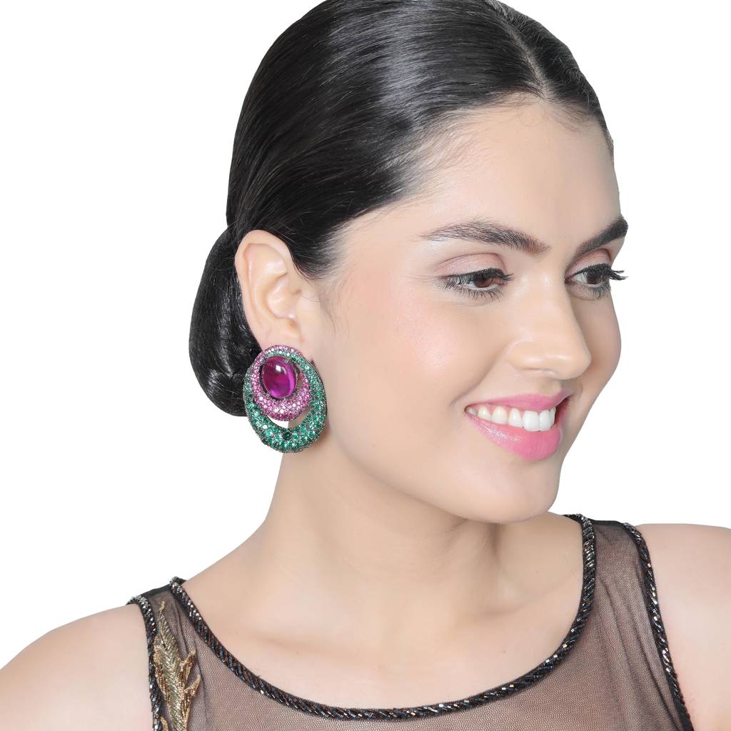 Emerald Green Doublet Earrings With Pink & Green Cubic Zirconia : RI-ER-33-PINK