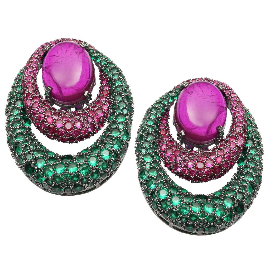 Emerald Green Doublet Earrings With Pink & Green Cubic Zirconia : RI-ER-33-PINK