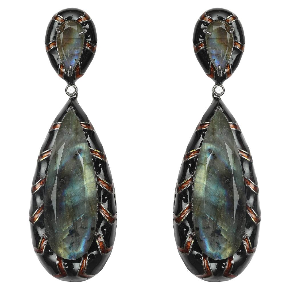 Black Labradorite Earrings With Black & Red Enameled Border : RI-ER-35-BLACK