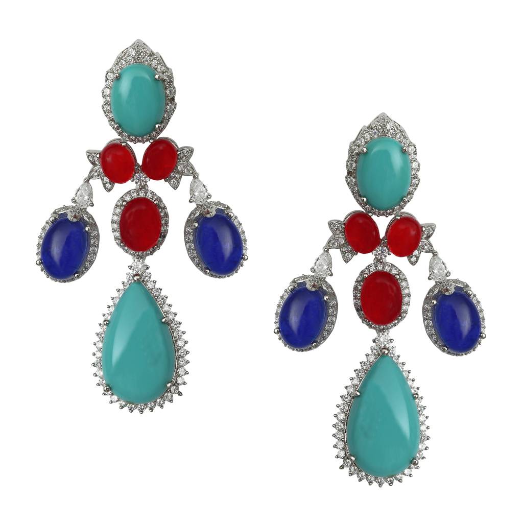 Stunning Danglers With Turquoise Red & Blue Stones With Cubic Zirconia Design Detailing : RI-ER-36-BLUERED