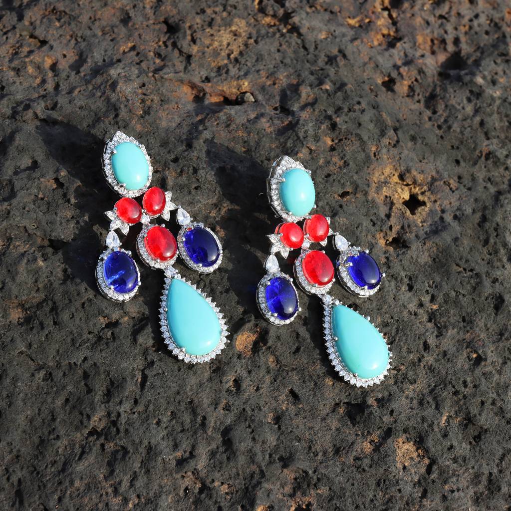 Stunning Danglers With Turquoise Red & Blue Stones With Cubic Zirconia Design Detailing : RI-ER-36-BLUERED