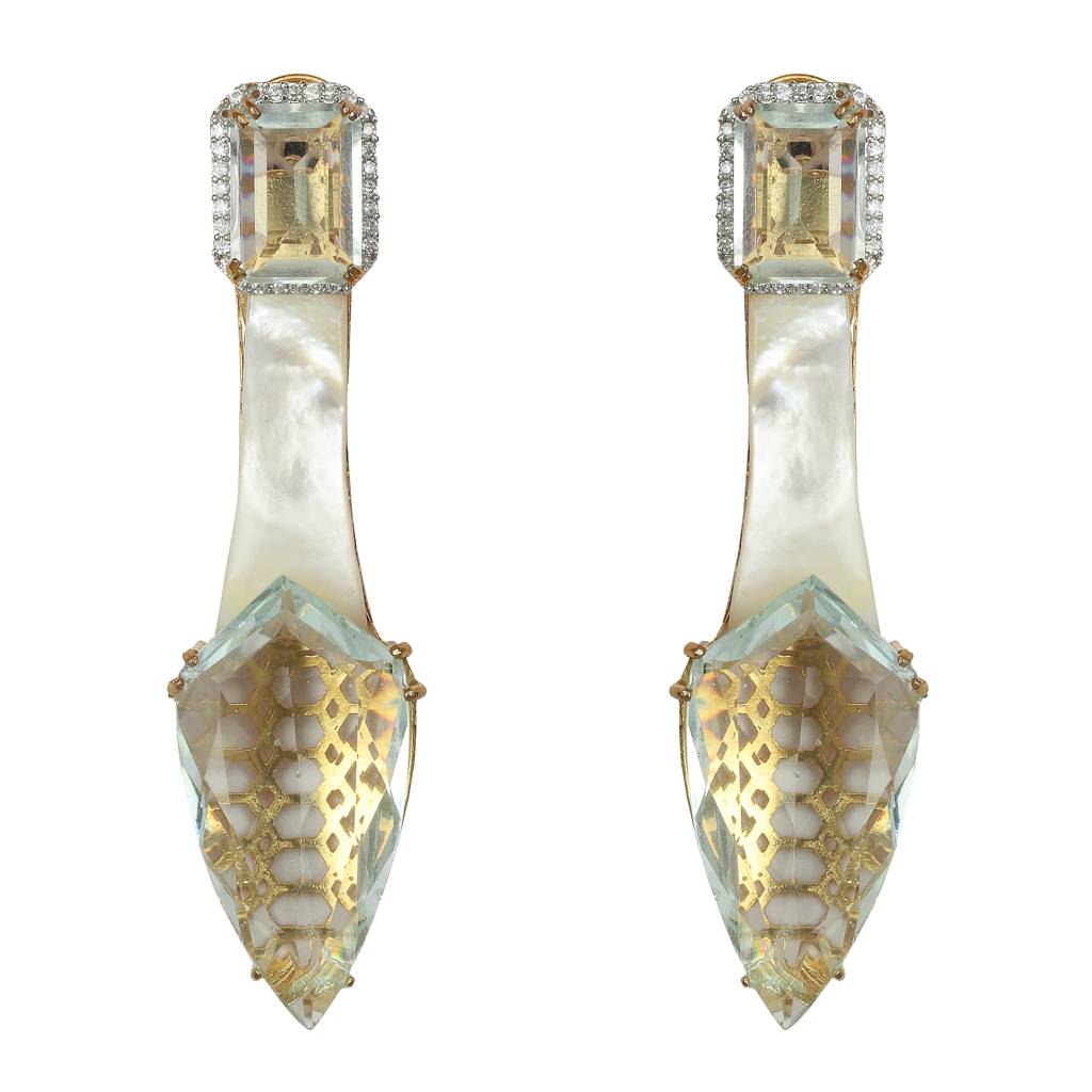 Quartz Backed Aqua Colored Doublets With Mother Of Pearls And Cubic Zirconia Detailing : RI-ER-37-AQUA