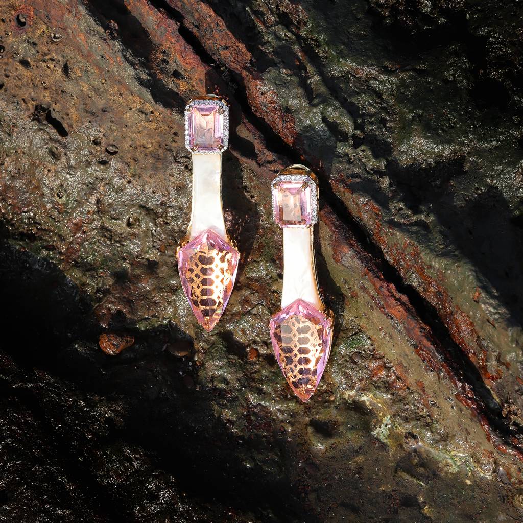Quartz Backed Pink Colored Doublets With Mother Of Pearls And Cubic Zirconia Detailing : RI-ER-37-PINK