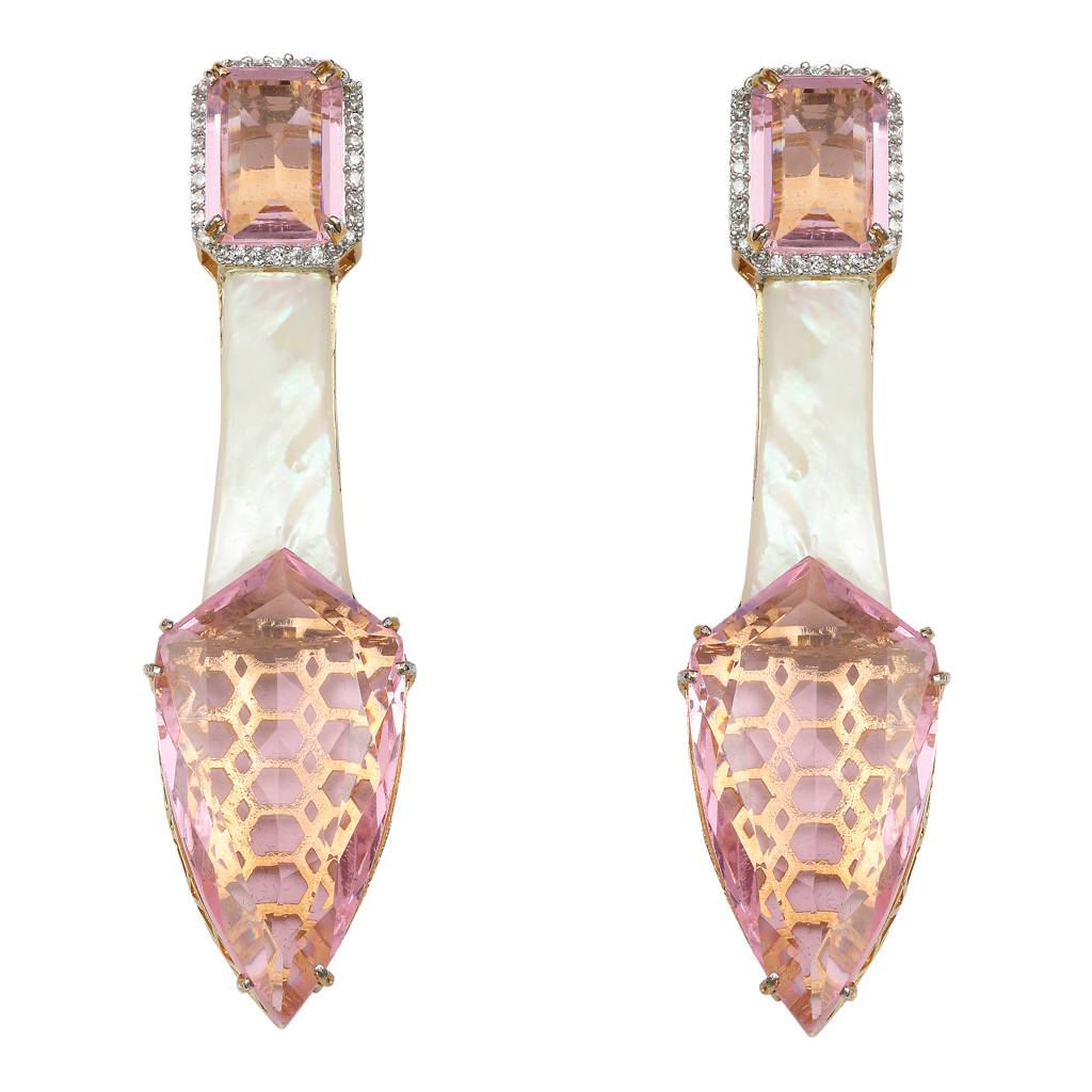 Quartz Backed Pink Colored Doublets With Mother Of Pearls And Cubic Zirconia Detailing : RI-ER-37-PINK