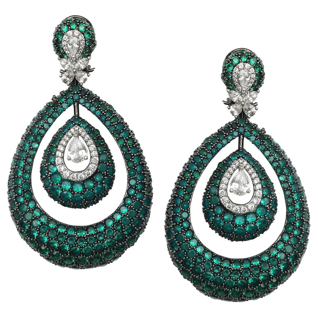 Green & Clear Cubic Zirconia Danglers In A Concentric Dewdrop Design : RI-ER-38-GREEN