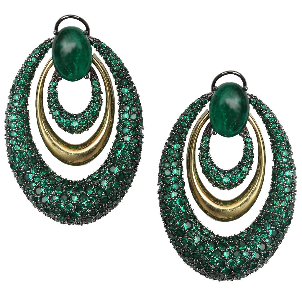 Closed Setting Green Cubic Zirconia Hoop Design Danglers With Gold Finish Ring And Emerald Doublet Detailing : RI-ER-39-GREEN