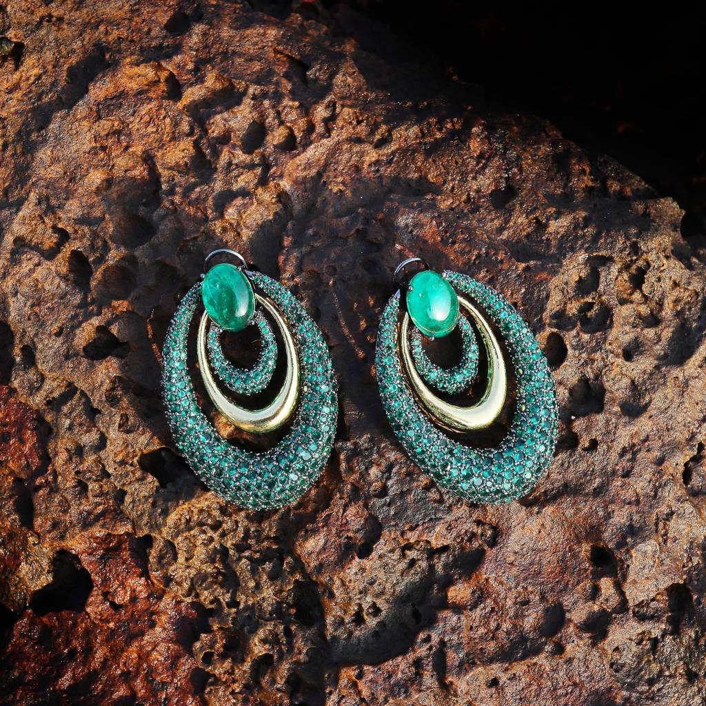 Closed Setting Green Cubic Zirconia Hoop Design Danglers With Gold Finish Ring And Emerald Doublet Detailing : RI-ER-39-GREEN