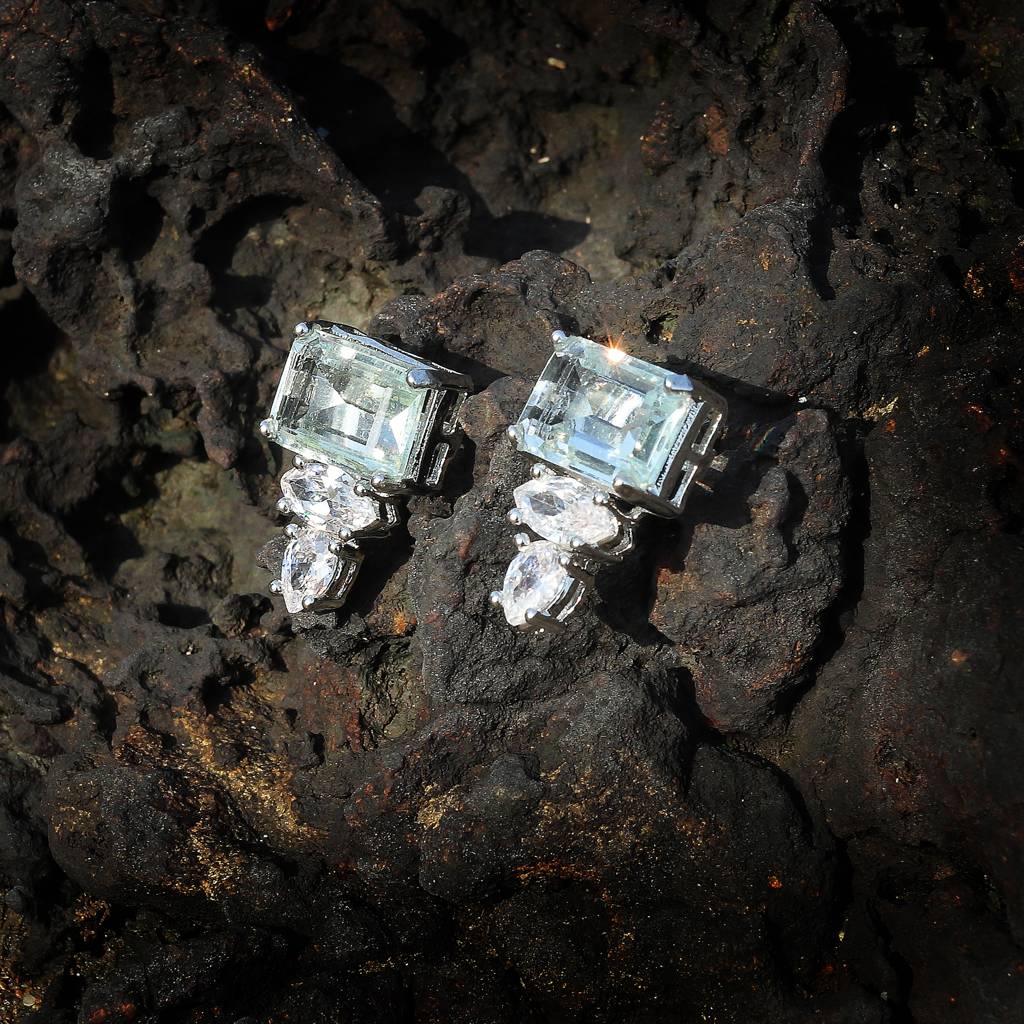 Delicate Aqua Edge Cut Doublet Studs With Cubic Zirconia Detailing In A Rectangular Design : RI-ER-41-AQUA