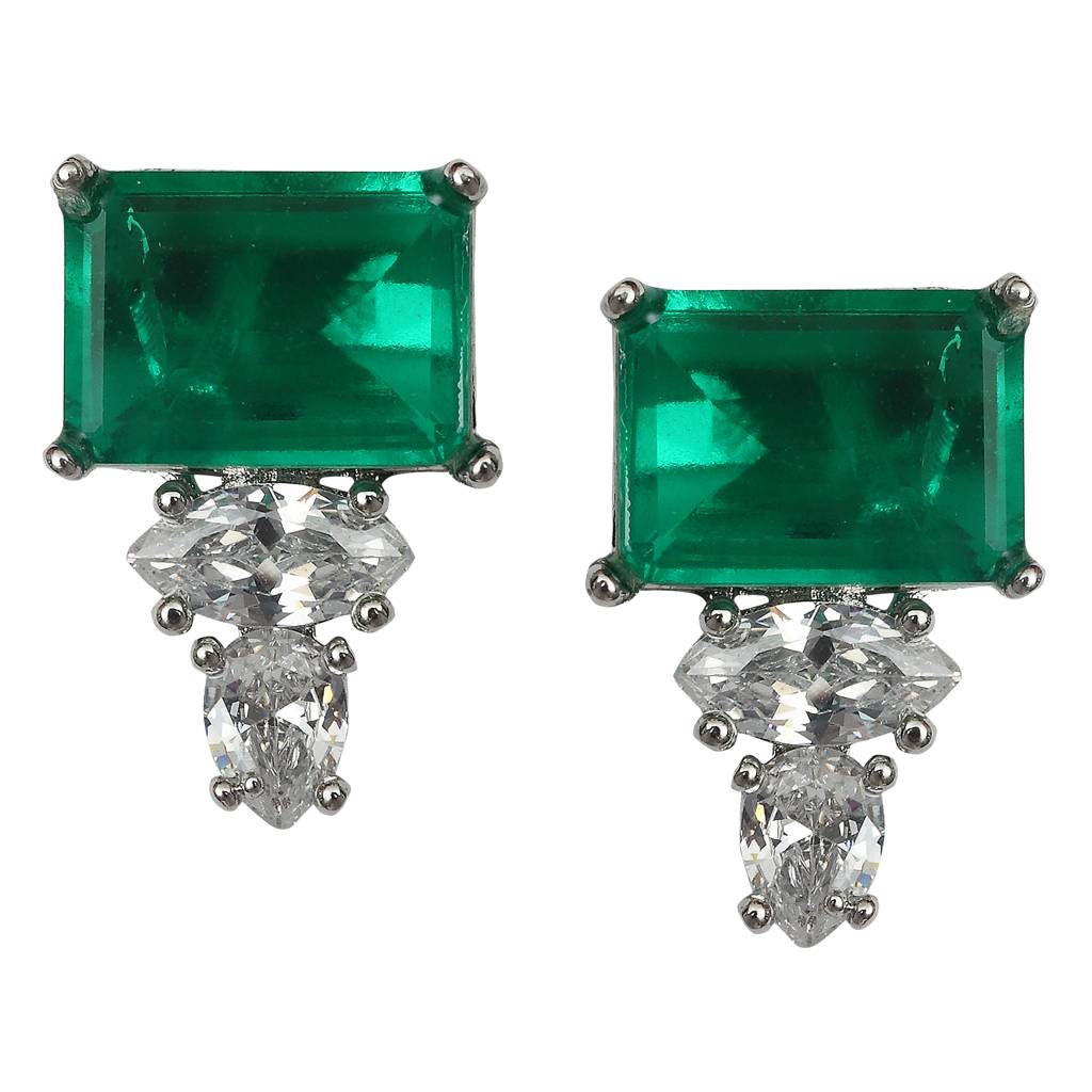 Delicate Emerald Green Edge-Cut Doublet Studs With Cubic Zirconia Detailing In A Rectangular Design : RI-ER-41-GREEN