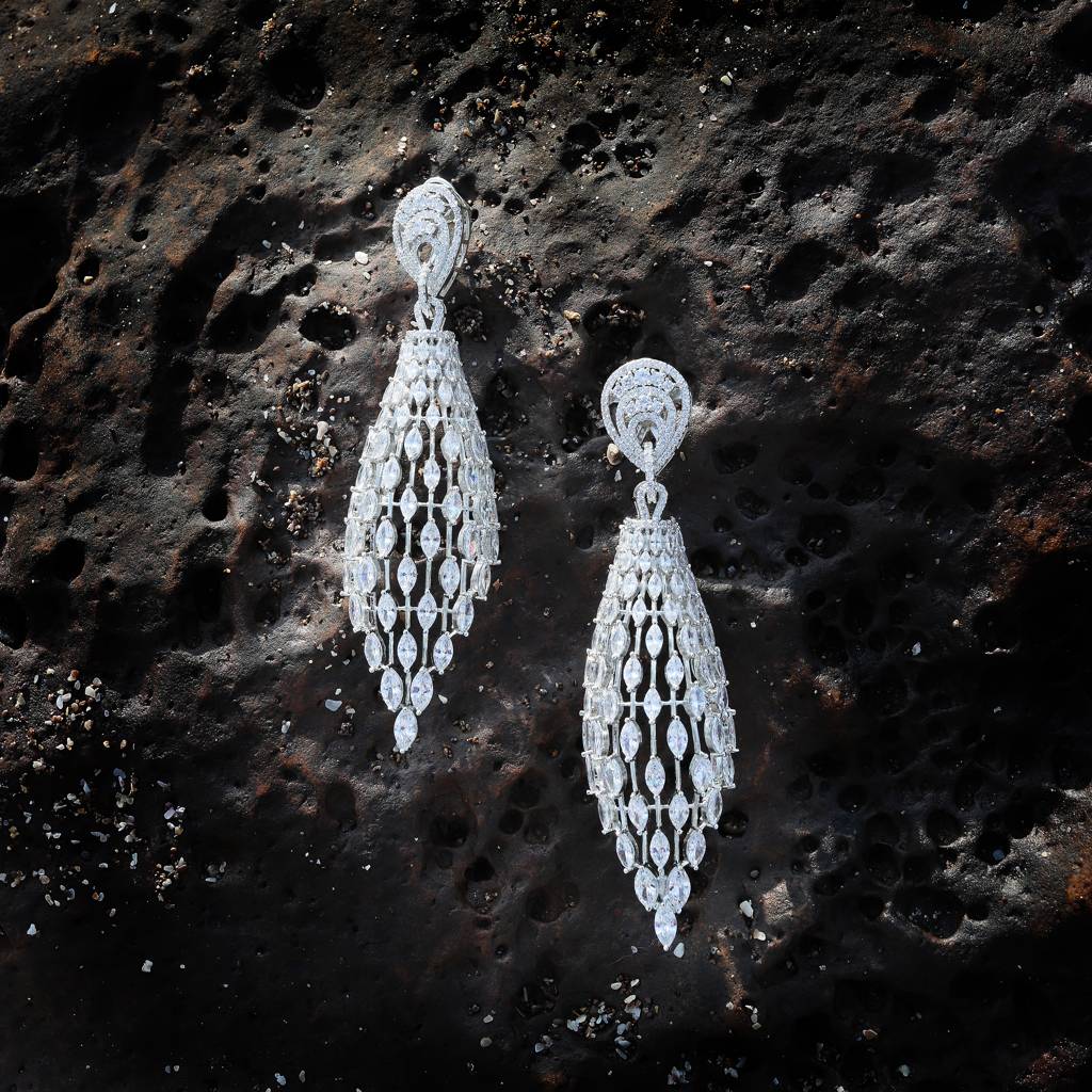 Flawless Cubic Zirconia Danglers In A Cascading Modern Jaal Design : RI-ER-45-SILVER