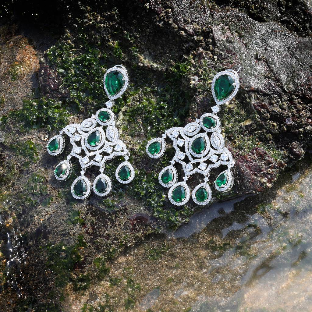 An Imperial Design Emerald Stone And Clear Cubic Zirconia Danglers : RI-ER-LWN-662-GRACE