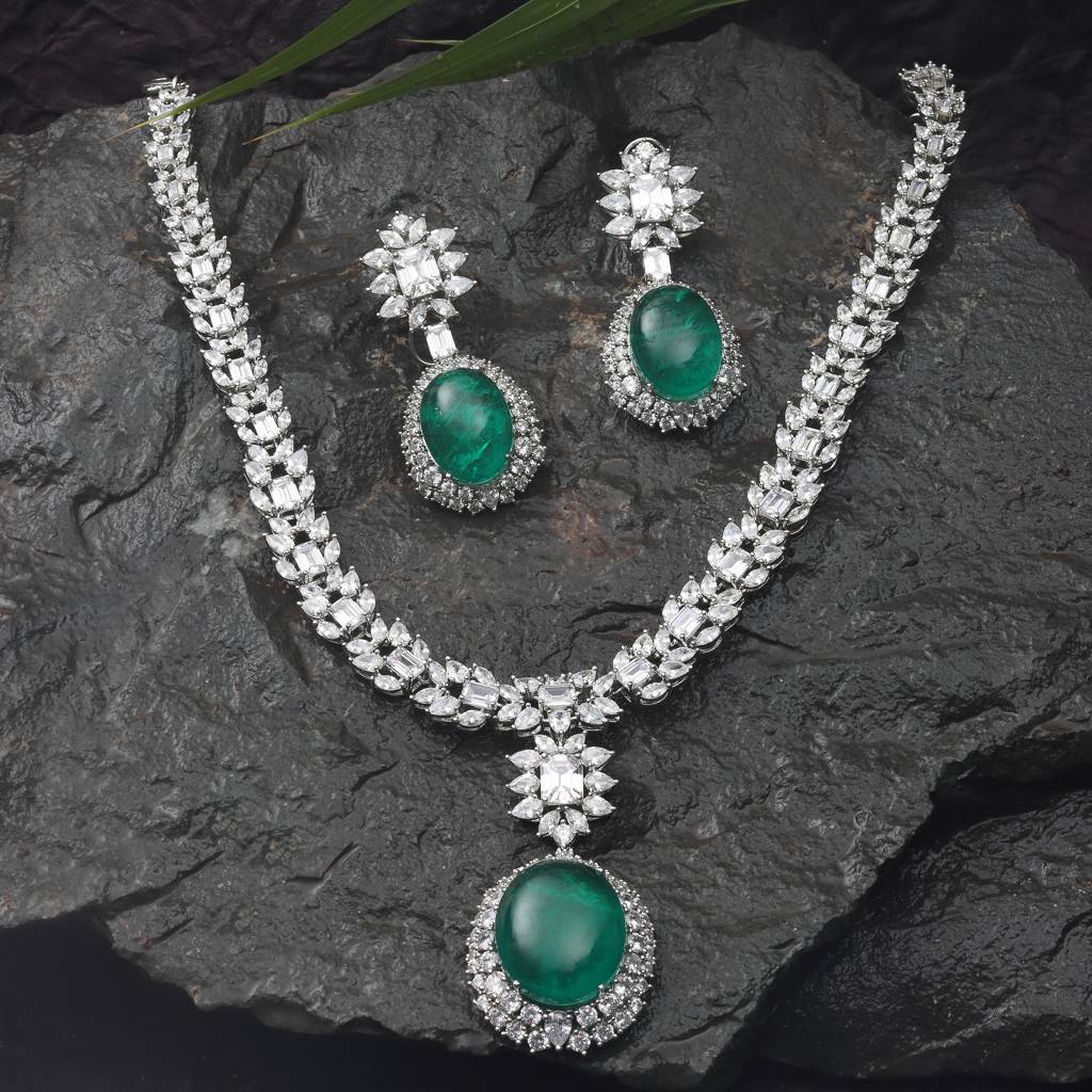 Emerald Green Doublet Necklace With Cubic Zirconia. Comes With Matching Danglers : RI-NS-37-GREEN