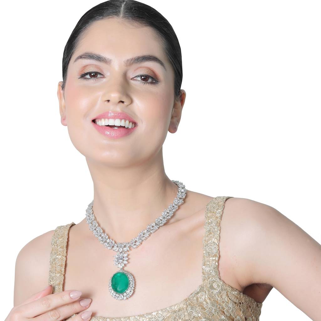 Emerald Green Doublet Necklace With Cubic Zirconia. Comes With Matching Danglers : RI-NS-37-GREEN