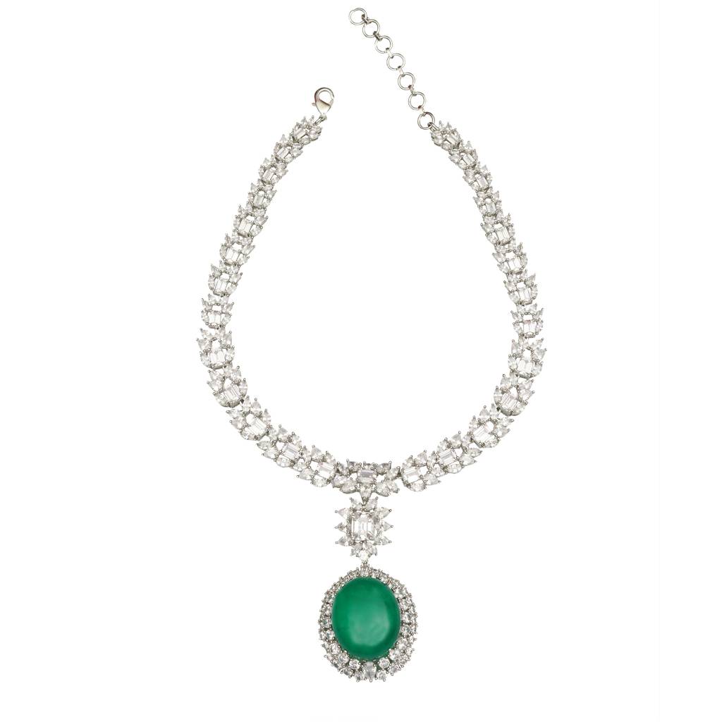 Emerald Green Doublet Necklace With Cubic Zirconia. Comes With Matching Danglers : RI-NS-37-GREEN