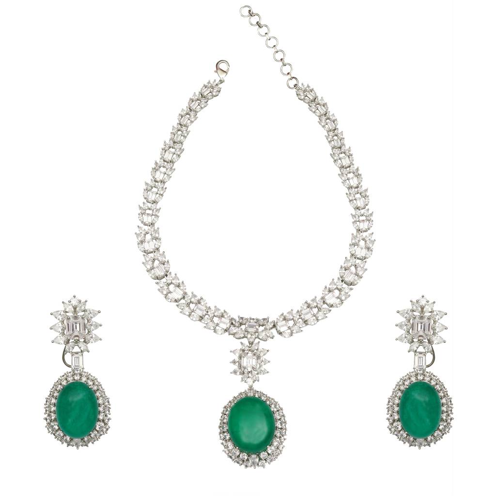 Emerald Green Doublet Necklace With Cubic Zirconia. Comes With Matching Danglers : RI-NS-37-GREEN