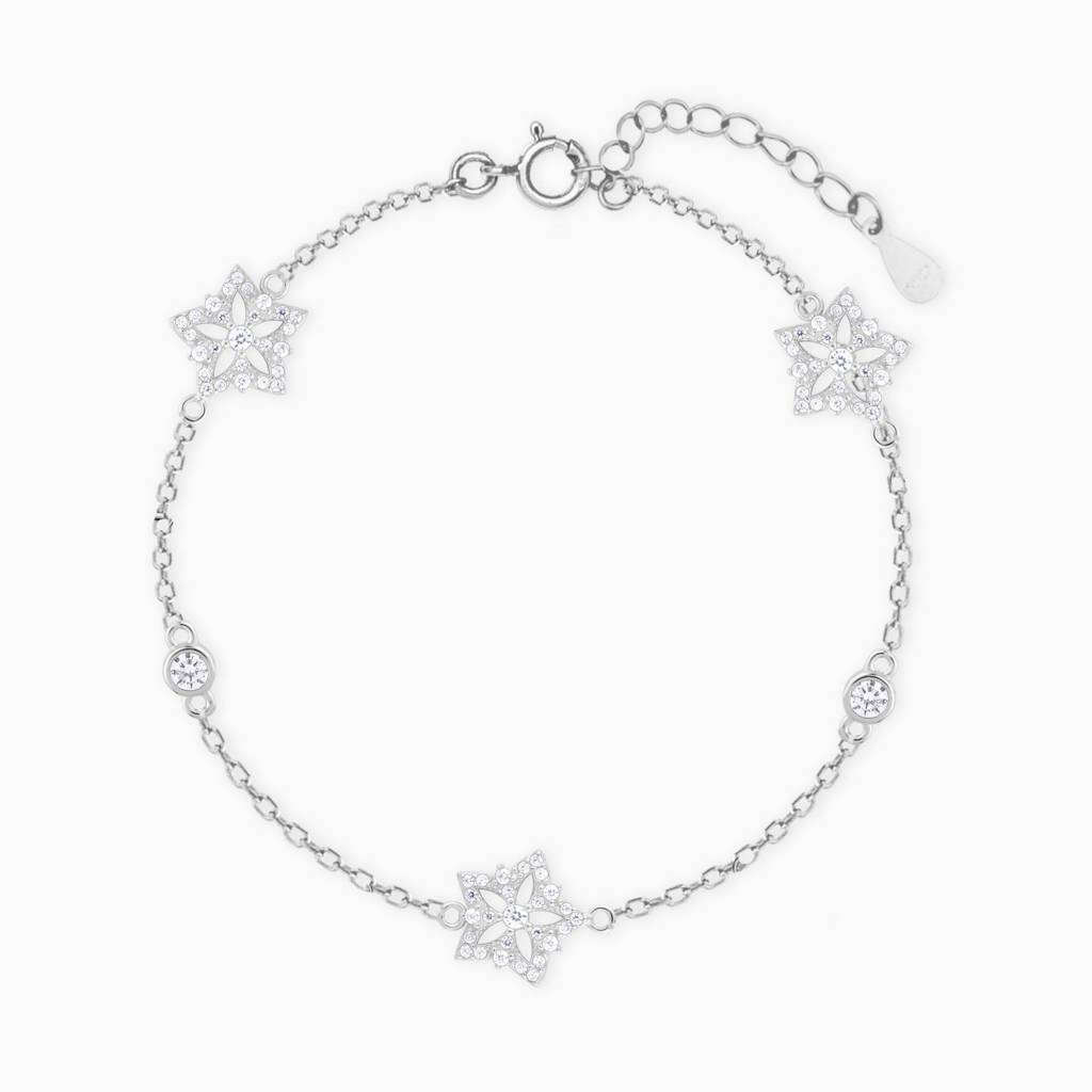 925 Sterling Silver Triple Star Silver Floral Zircon Bracelet : RJSPBR16