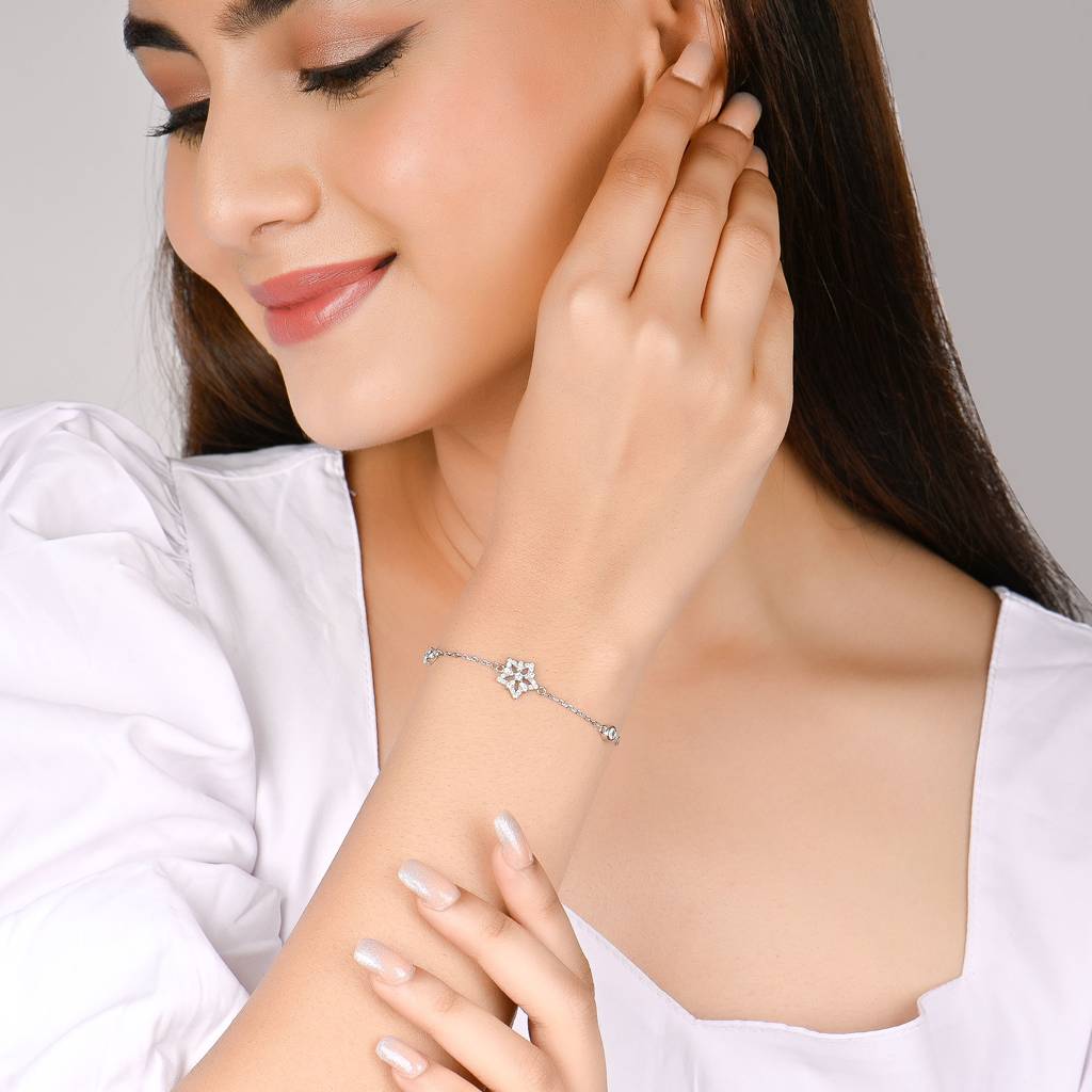 925 Sterling Silver Triple Star Silver Floral Zircon Bracelet : RJSPBR16