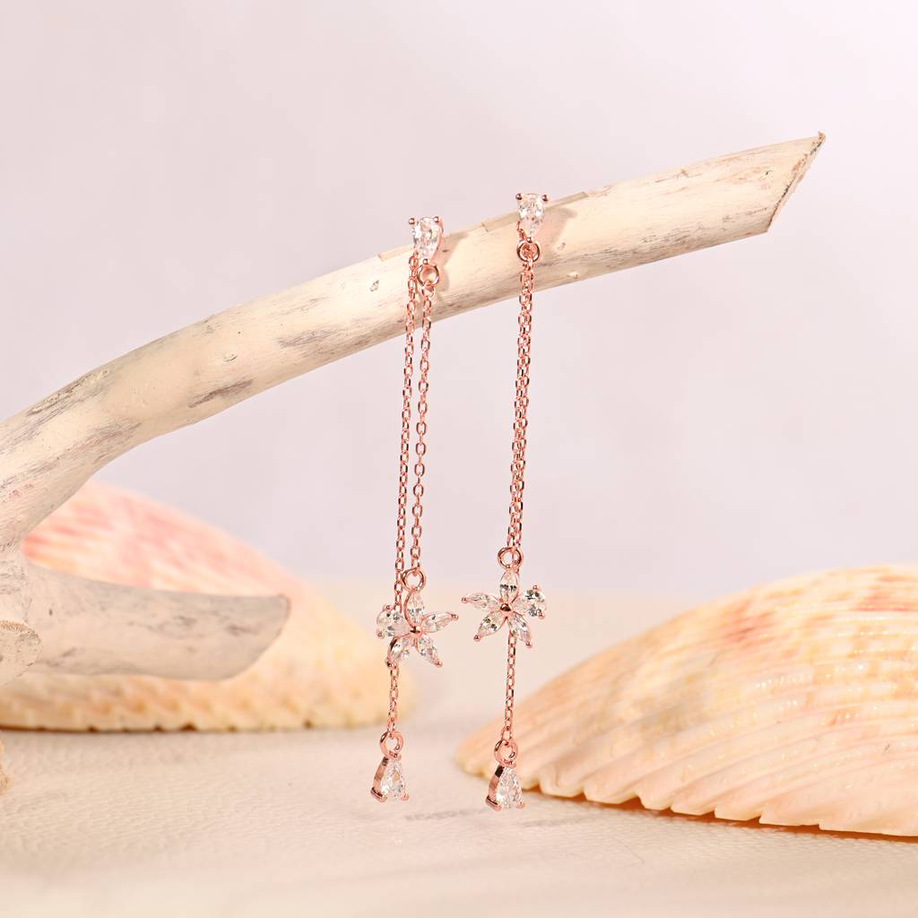 925 Sterling Silver Chic Floral Zircon Rose Gold Drop Earrings : RJSPER11