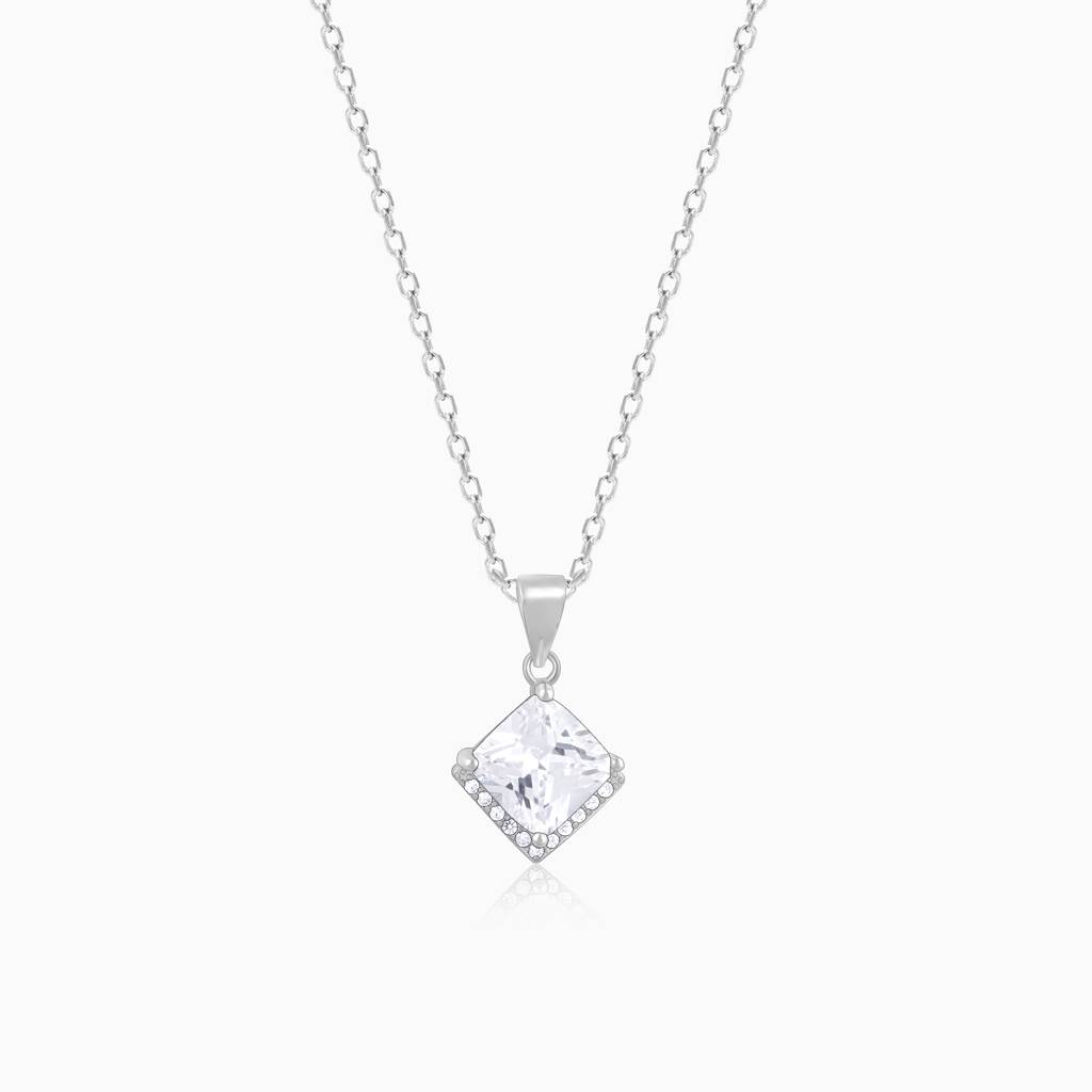 925 Sterling Silver Modern Square Zircon Silver Pendant With Link Chain : RJSPPN24