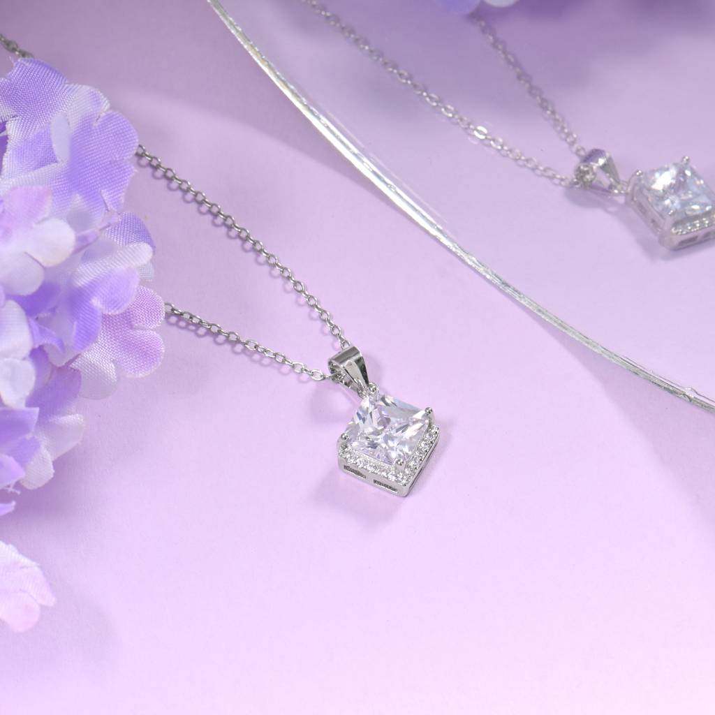 925 Sterling Silver Modern Square Zircon Silver Pendant With Link Chain : RJSPPN24