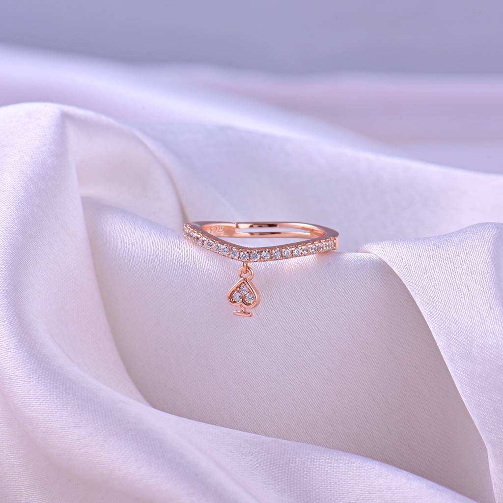 925 Sterling Silver Rose Gold Zircon Spade Charm Ring Rose Gold