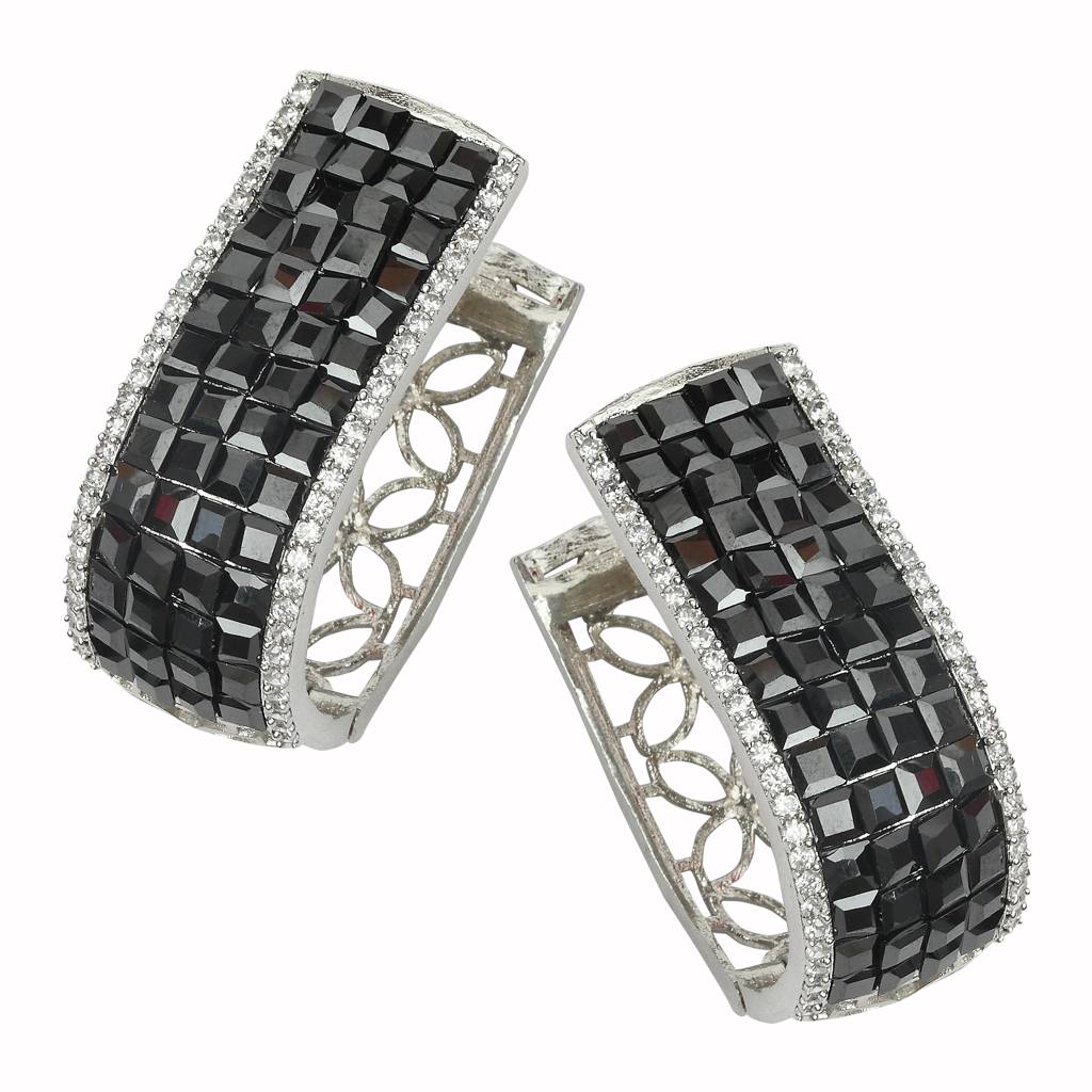 Square-Cut Black Stone Hoops With Cubic Zirconia Detailing : RK-ER-ENN-631-BLACK