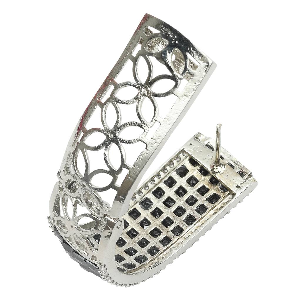 Square-Cut Black Stone Hoops With Cubic Zirconia Detailing : RK-ER-ENN-631-BLACK