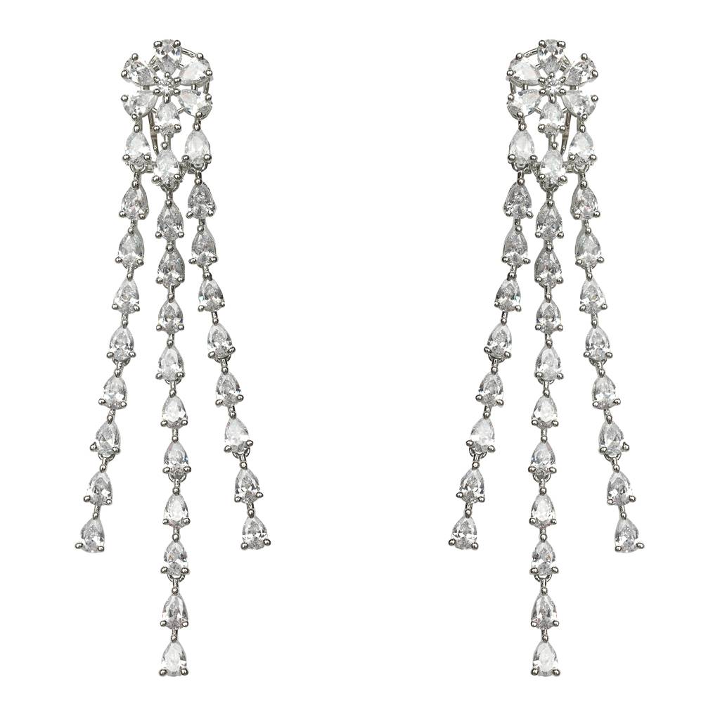 Cascading Tear-Drop Cut Cubic Zirconia Danglers With Flower Detailing : RK-ER-EWN-464