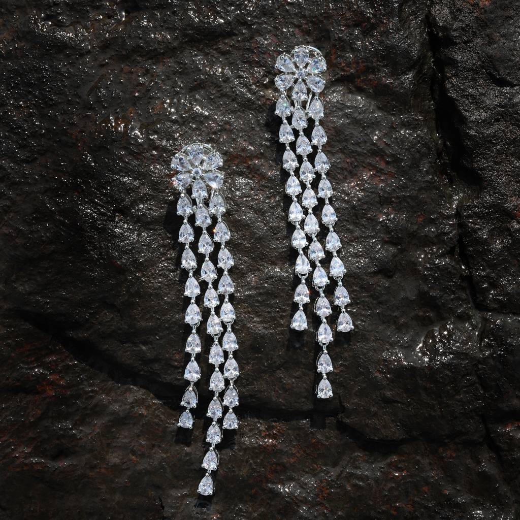 Cascading Tear-Drop Cut Cubic Zirconia Danglers With Flower Detailing : RK-ER-EWN-464
