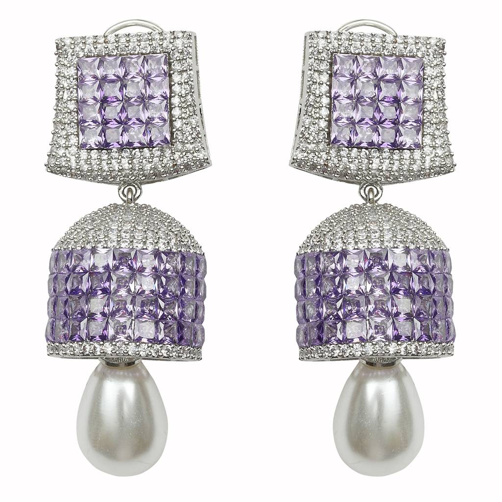 Lilac And Clear Cubic Zirconia Jhumkis With Pearl Drop : RK-ER-EWN-553-LILAC