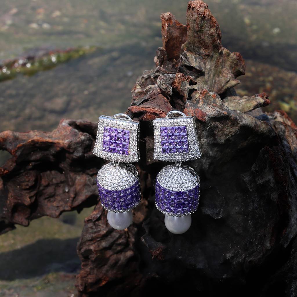 Lilac And Clear Cubic Zirconia Jhumkis With Pearl Drop : RK-ER-EWN-553-LILAC