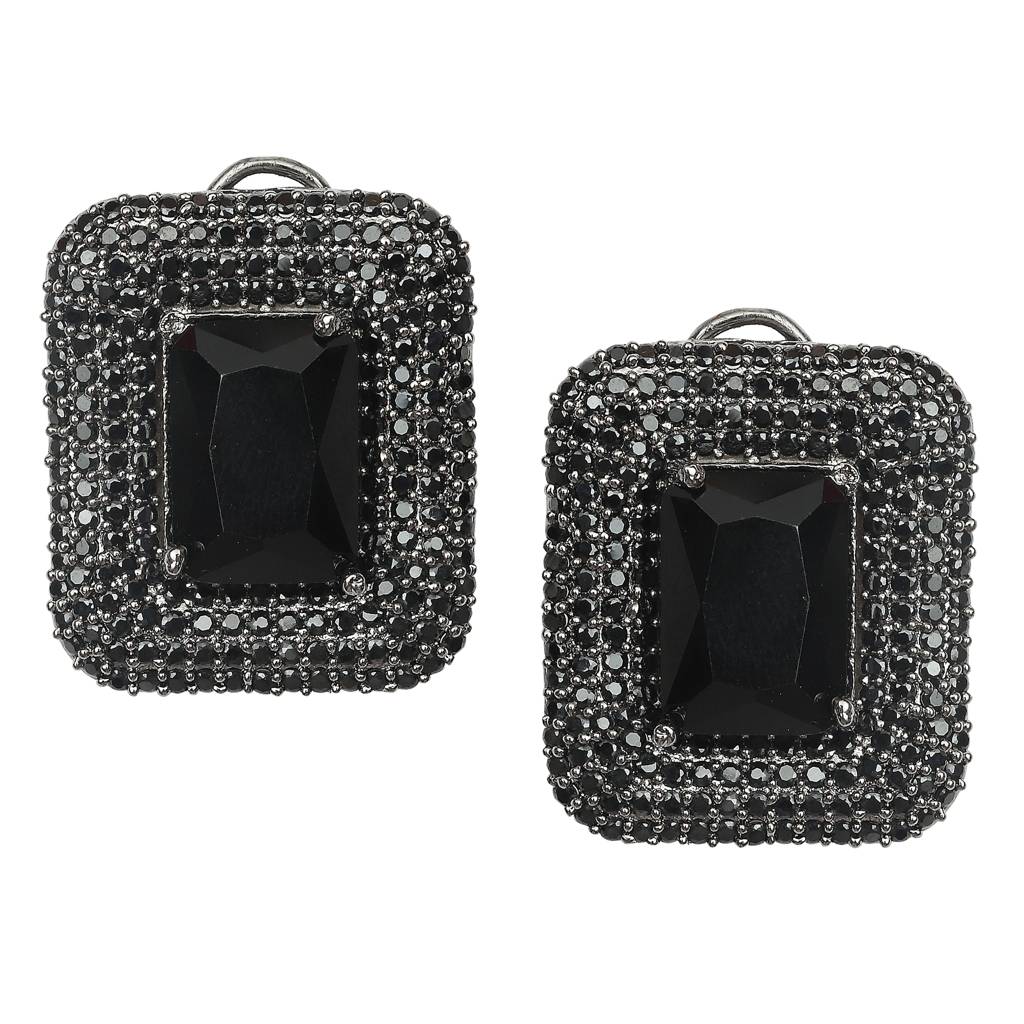 Black Pillow-Cut Stone Studs With Black Cubic Zirconia Edge Detailing : RK-ER-JNN-566-BLACK