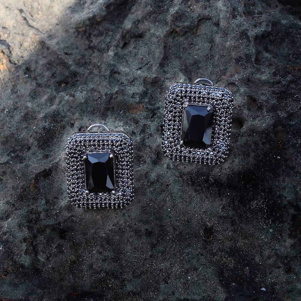 Black Pillow-Cut Stone Studs With Black Cubic Zirconia Edge Detailing : RK-ER-JNN-566-BLACK
