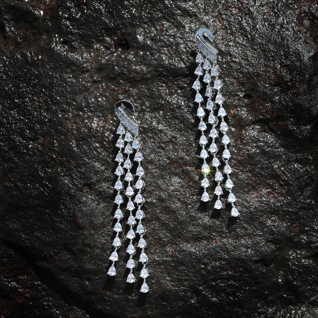 Delicate Three Strings Cubic Zirconia Cascading Danglers : RK-ER-JNN-620
