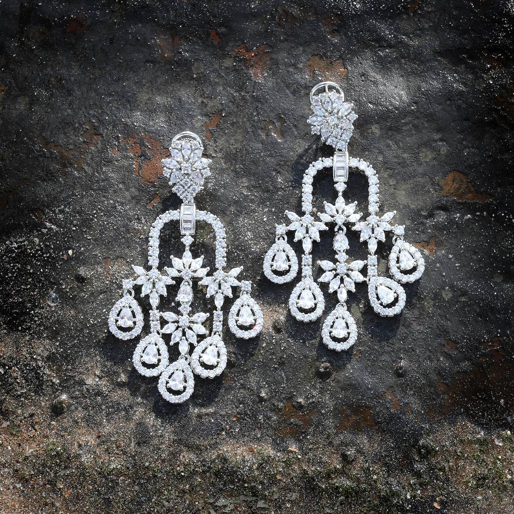 Delicate Floral Detailed Cubic Zirconia Danglers : RK-ER-LNN-643