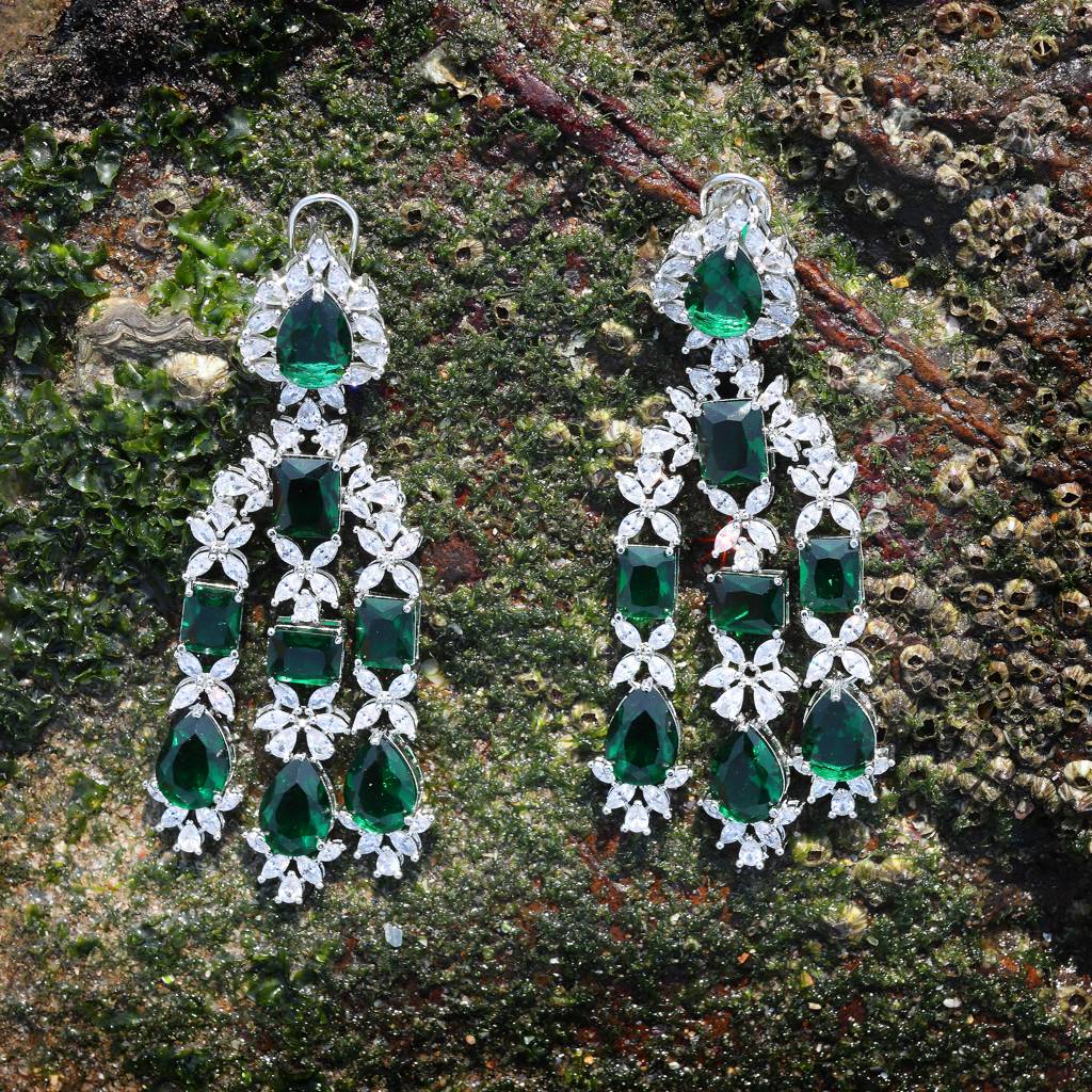 Three Strings Floral Detailed Emerald Stone And Clear Cubic Zirconia Danglers : RK-ER-SNN-590-GREEN